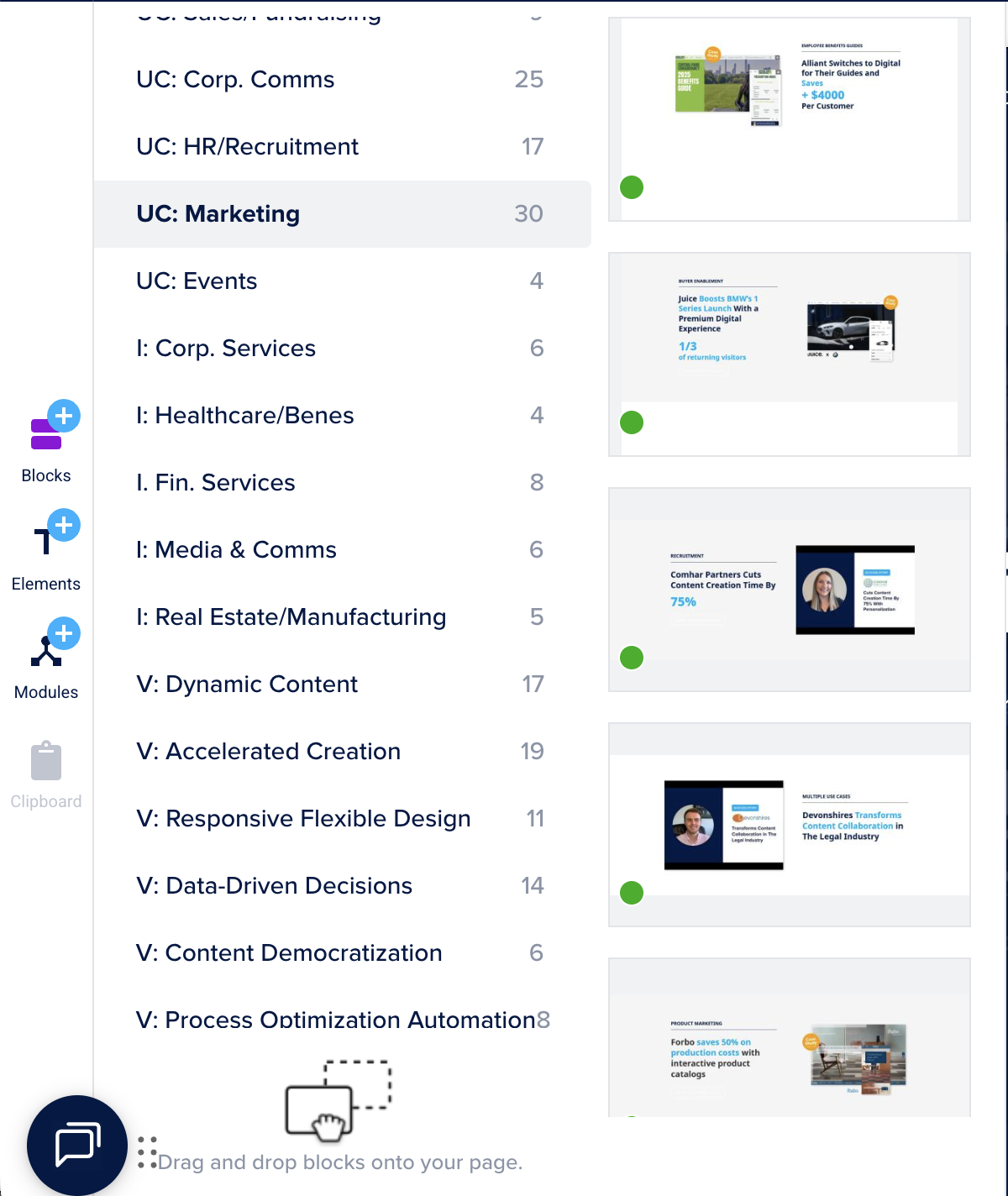 Case study blocks organised by industry, use case, and value driver
